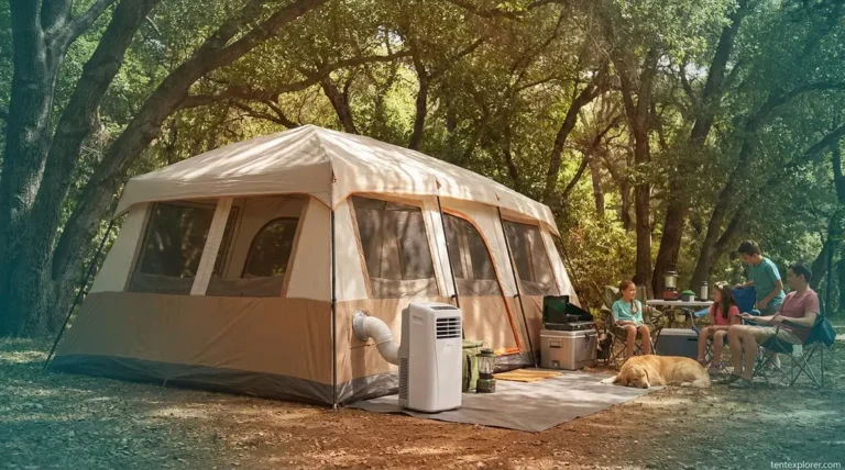 Tent air conditioner guide — portable AC unit venting through a camping tent at a shaded campsite