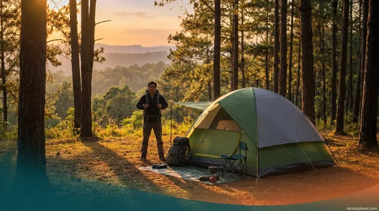 Beginner camper setting up a dome tent at a forest campsite for the first time