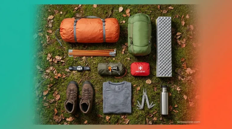 Complete tent camping gear checklist flat-lay showing shelter, kitchen, clothing, and safety essentials