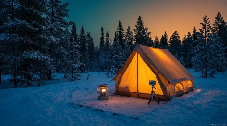 Tent heater safety setup showing safe propane heater placement outside winter camping tent with CO detector