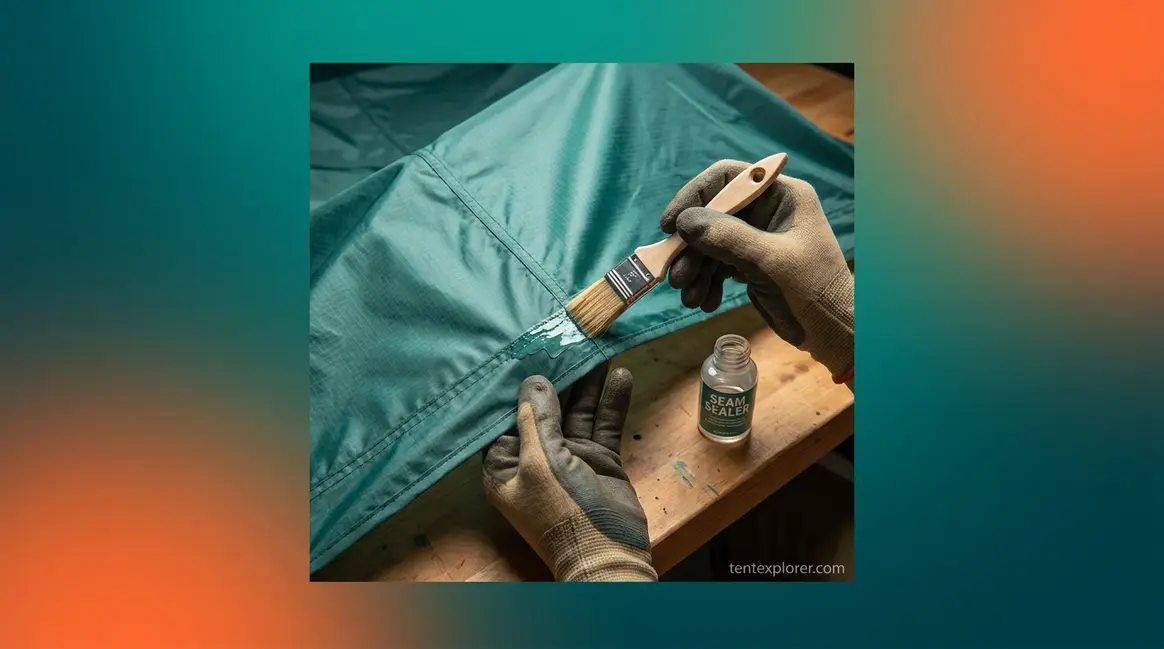 Hands applying tent seam sealing sealant with acid brush along ripstop nylon rainfly seam