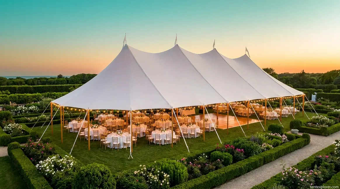 Tent size calculator guide showing a large white event tent set up for an outdoor seated dinner