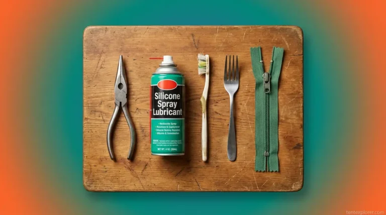 Tools for tent zipper repair including pliers, silicone spray, and toothbrush on camp table