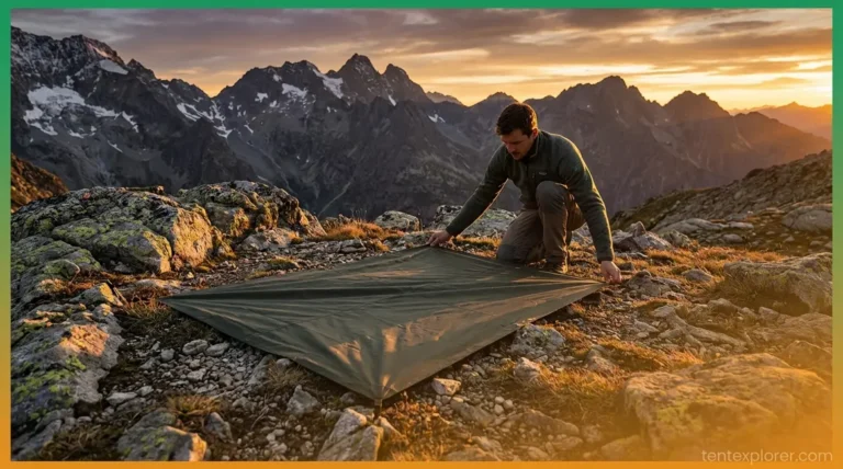Camper laying down a tent footprint on rocky ground to protect their gear
