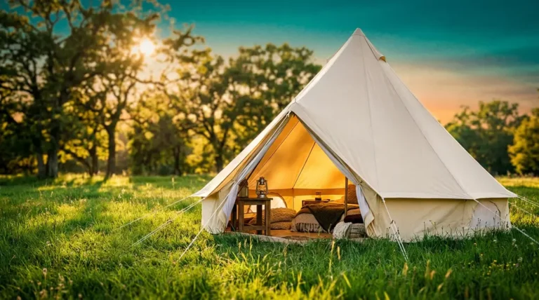 Best bell tent for glamping pitched in green meadow at golden hour with styled interior