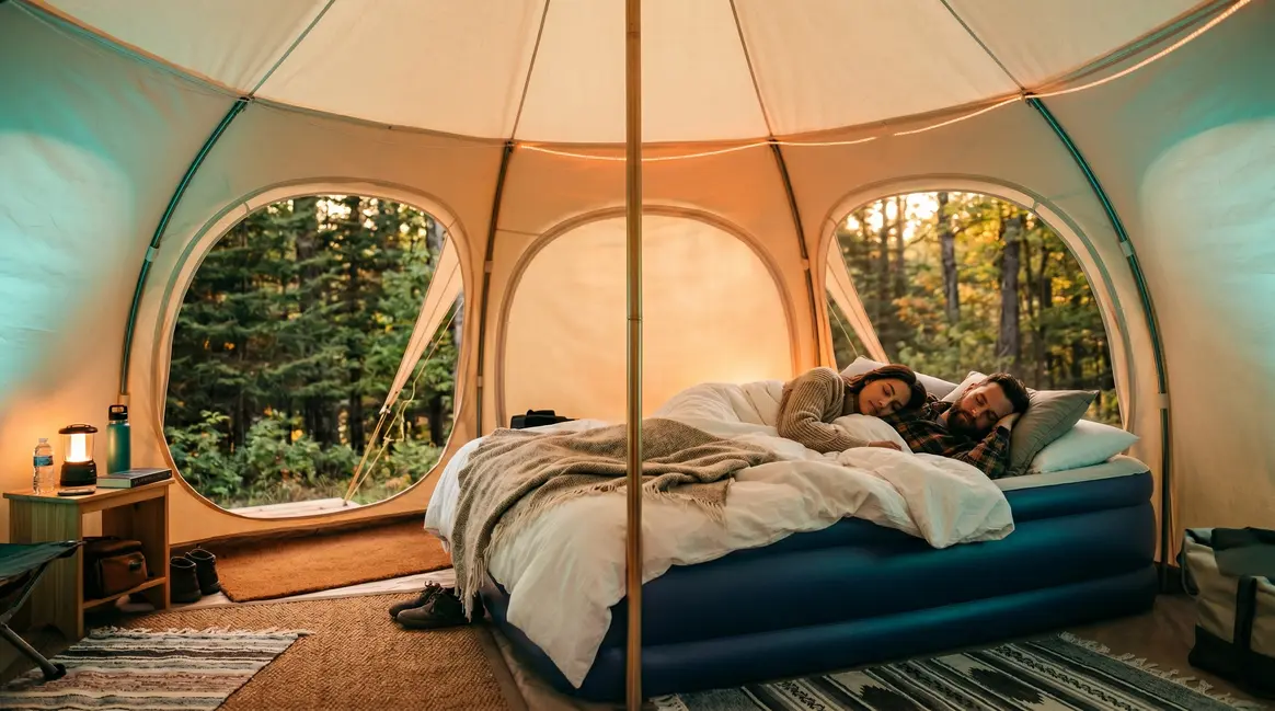 Couple sleeping on elevated queen air mattress inside canvas bell tent at campsite