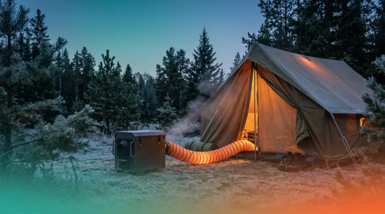 Best diesel heater for camping placed outside tent on frosty forest ground at dusk