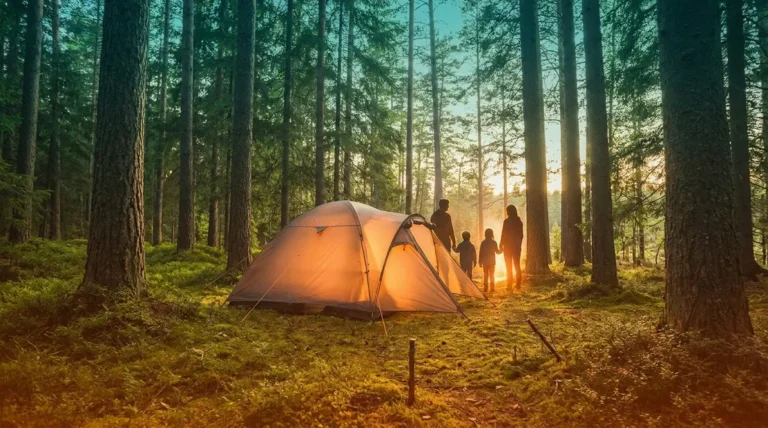 Best dome tent pitched at a forest campsite glowing warmly at golden hour