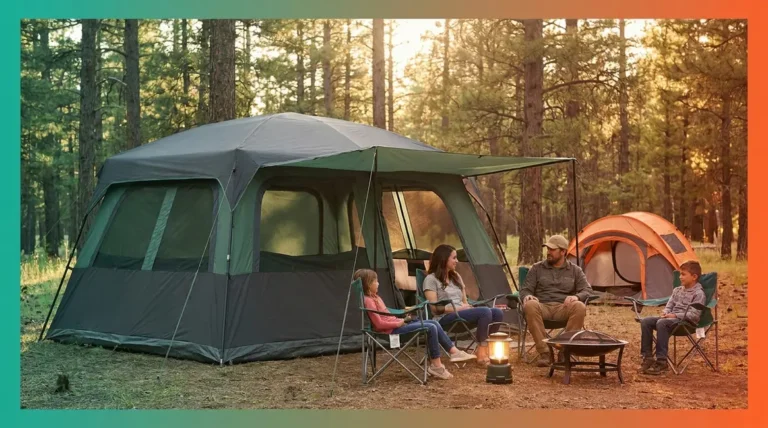 Best instant tents set up at a family forest campsite at golden hour