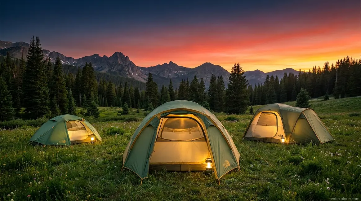 Best North Face tents lineup including Wawona, Stormbreak, and Sequoia models in alpine meadow