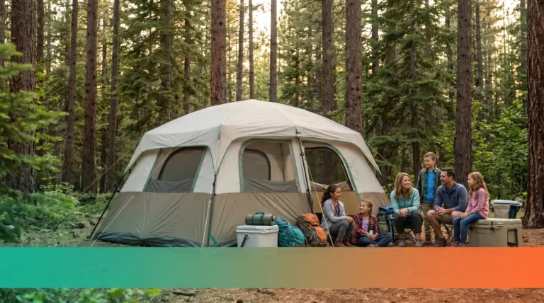 Best tent for 10 people — large family cabin tent pitched at a forest campground with family outside