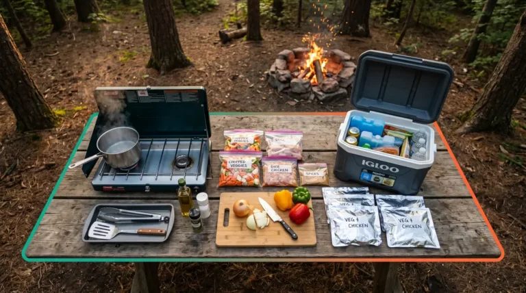 Camp cooking workflow tips showing organized outdoor kitchen with prep zones and campfire