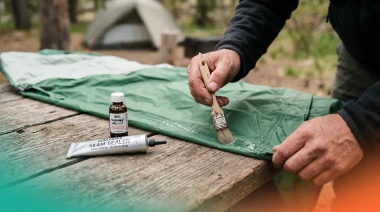Camper applying liquid seam sealer to tent fly interior seam to repair tent seams