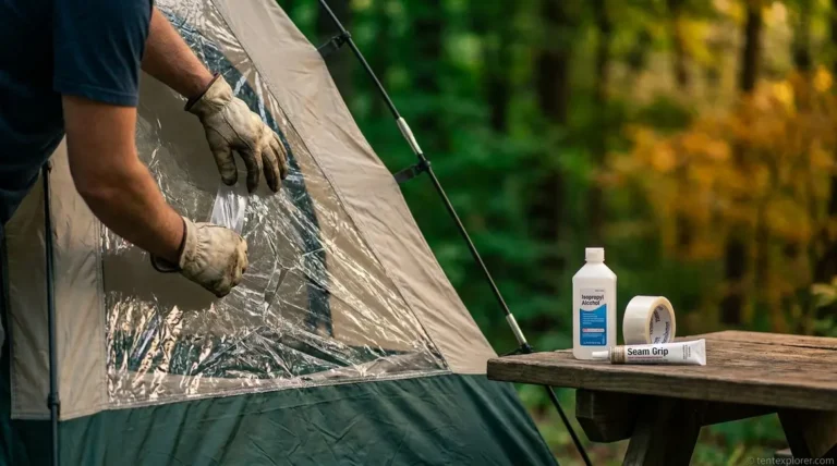 Camper repairing a tent window with repair tape and seam grip adhesive tools