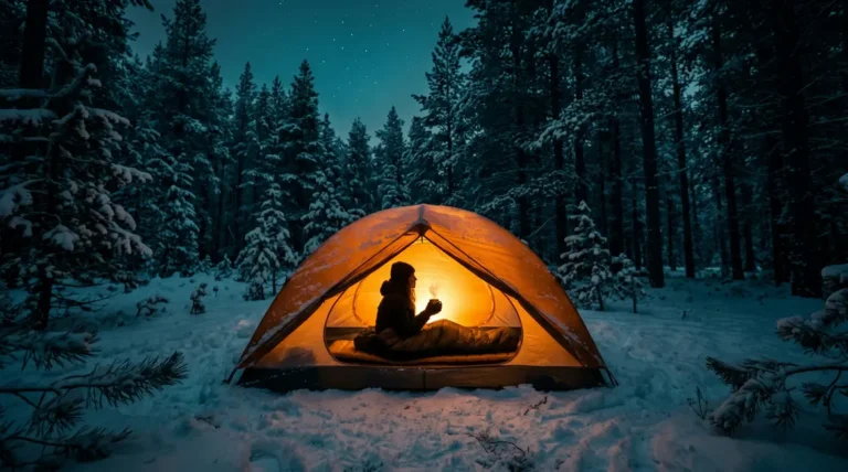 How to stay warm camping — glowing tent in snowy pine forest at night showing warm interior light