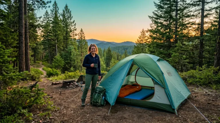 Beginner camper pitching a dome tent at a forested campsite during golden hour