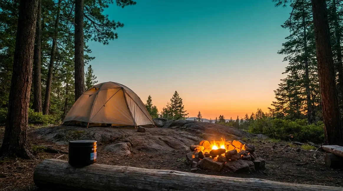 Tent camping safety tips — safe campsite at dusk with fire ring and bear canister