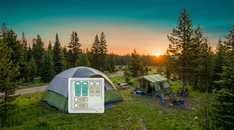 Tent capacity ratings explained with dome and cabin tents at a forest campsite showing sizing guide