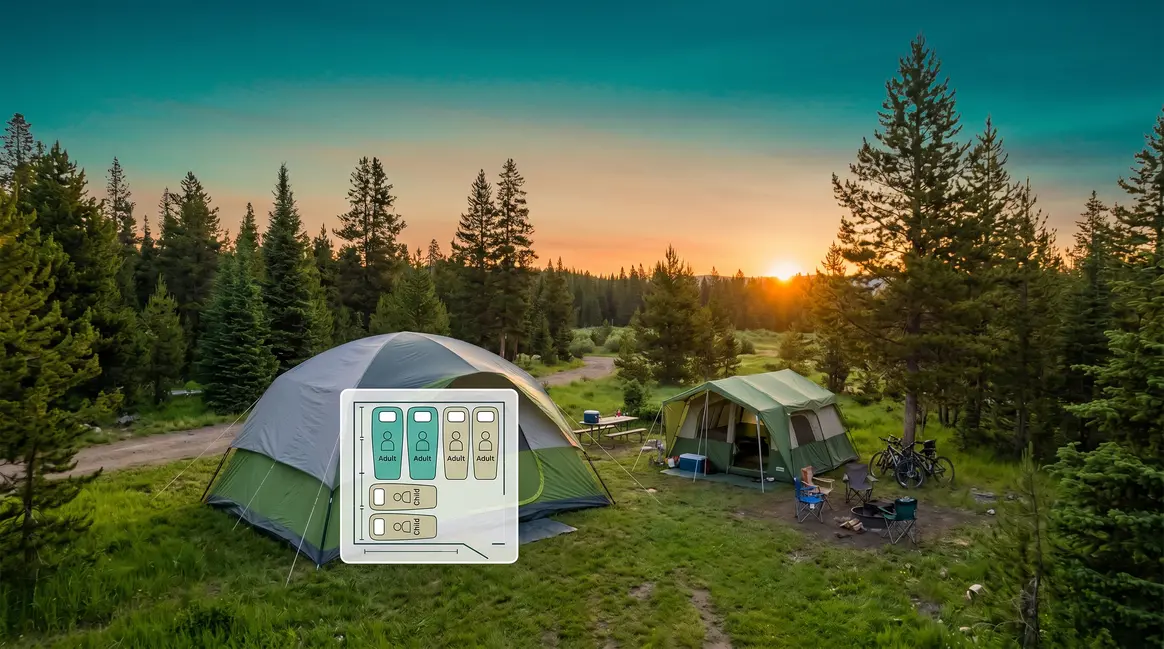 Tent capacity ratings explained with dome and cabin tents at a forest campsite showing sizing guide
