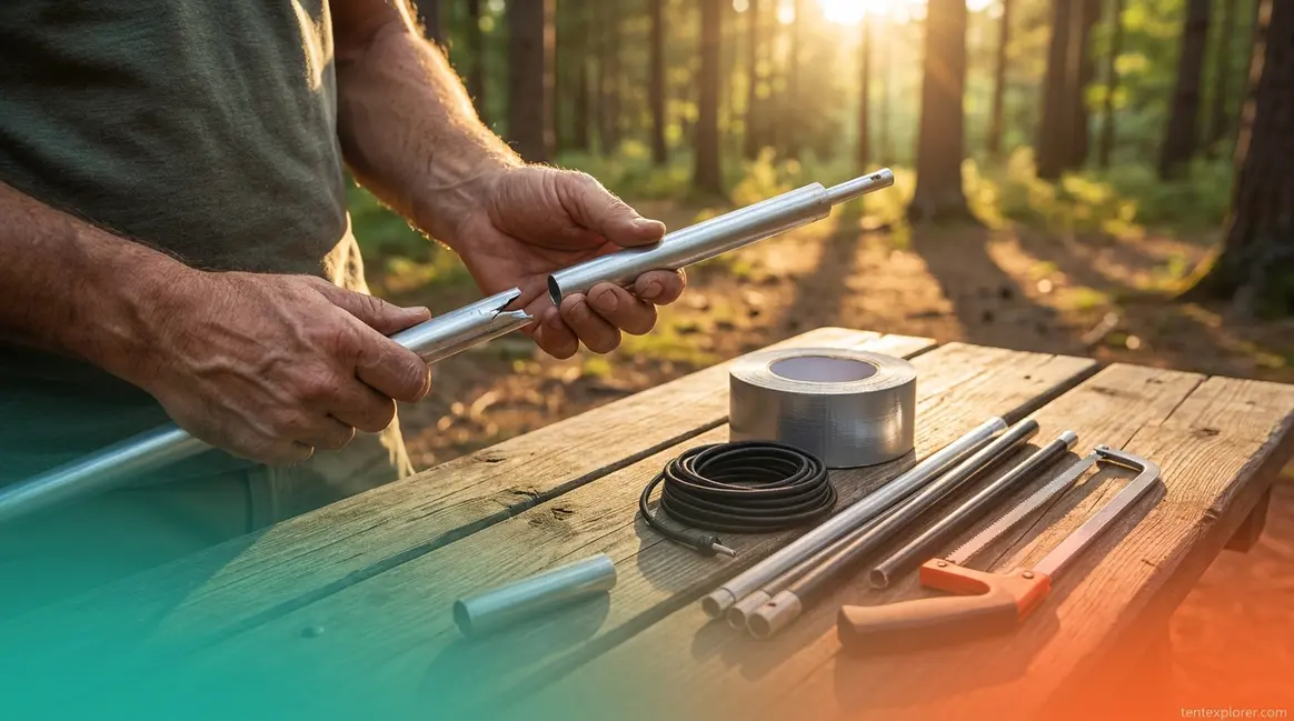 Tent pole repair kit with metal sleeve, duct tape, and shock cord laid out at campsite