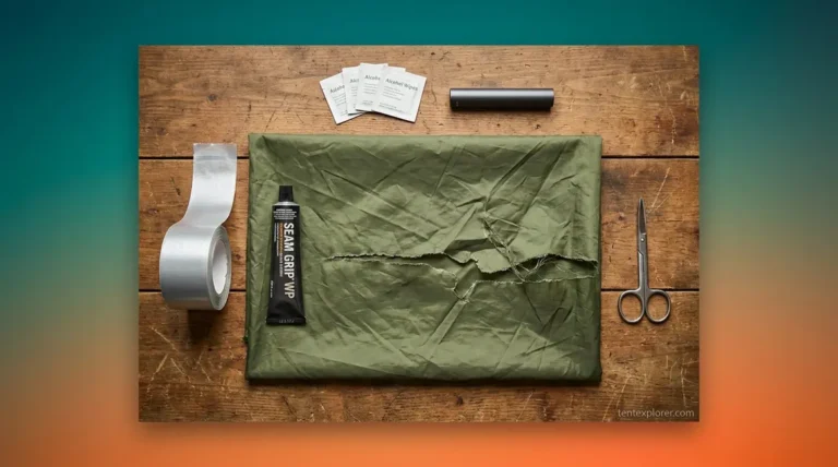How to repair a tent — repair kit with Tenacious Tape, Seam Grip, and pole sleeve on tent fabric