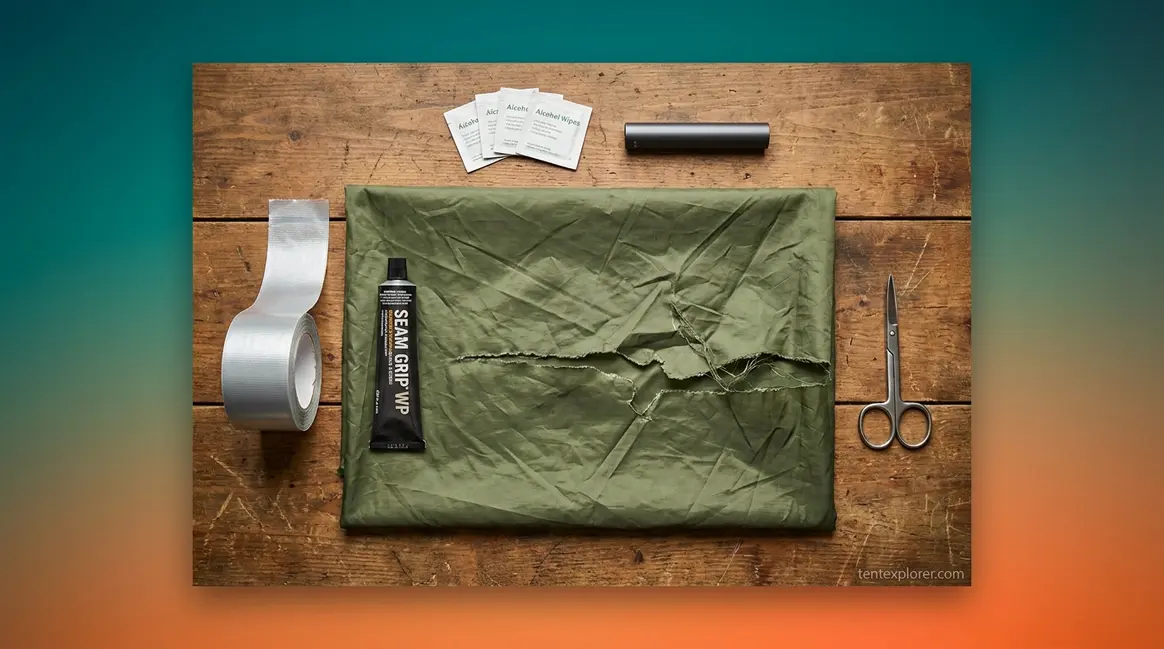 How to repair a tent — repair kit with Tenacious Tape, Seam Grip, and pole sleeve on tent fabric