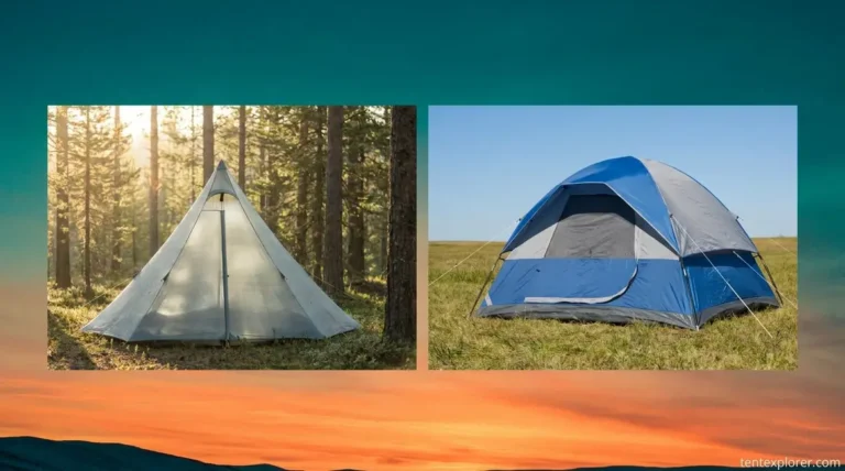 Tent vs teepee side-by-side comparison showing dome tent and cone-shaped teepee at campsite