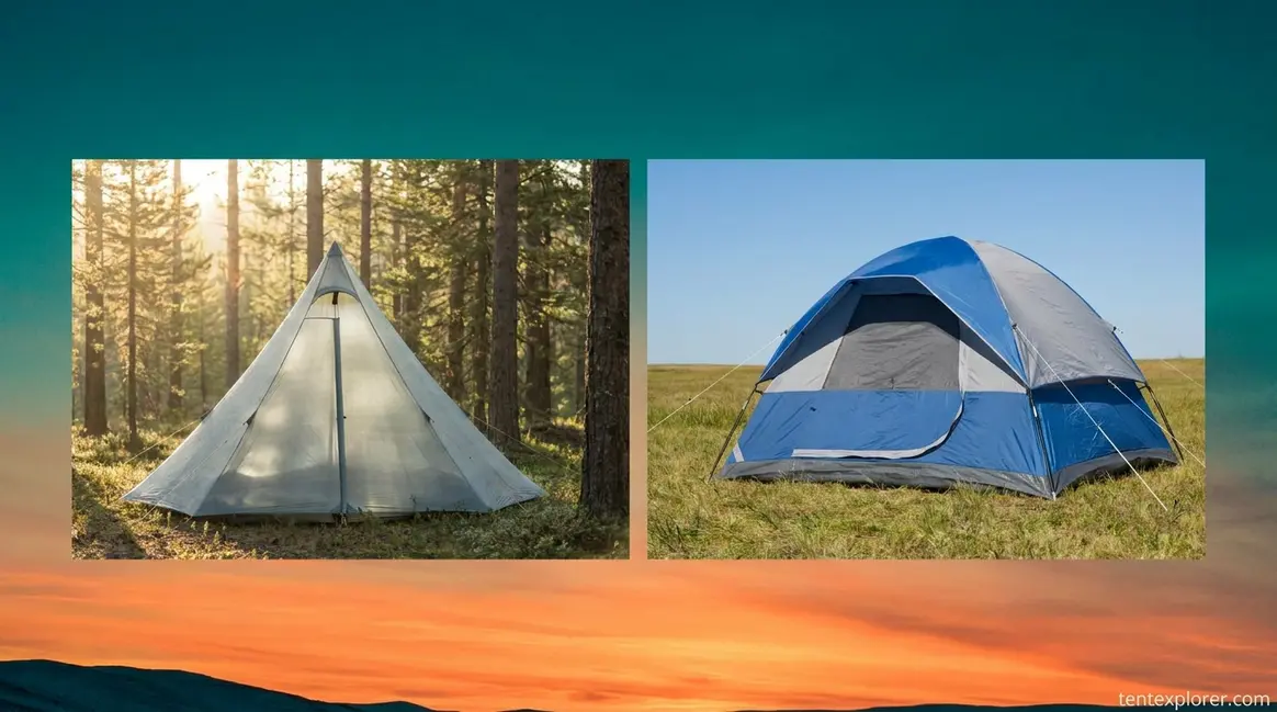 Tent vs teepee side-by-side comparison showing dome tent and cone-shaped teepee at campsite
