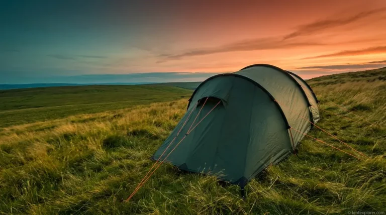 Tunnel tent pitched correctly on a hillside with guy lines tensioned into prevailing wind