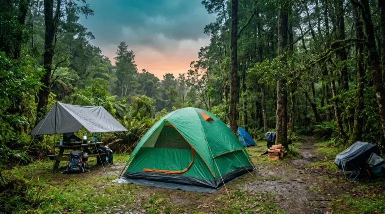 Weather-resistant camping materials setup with tent rainfly shedding rain in forest campsite