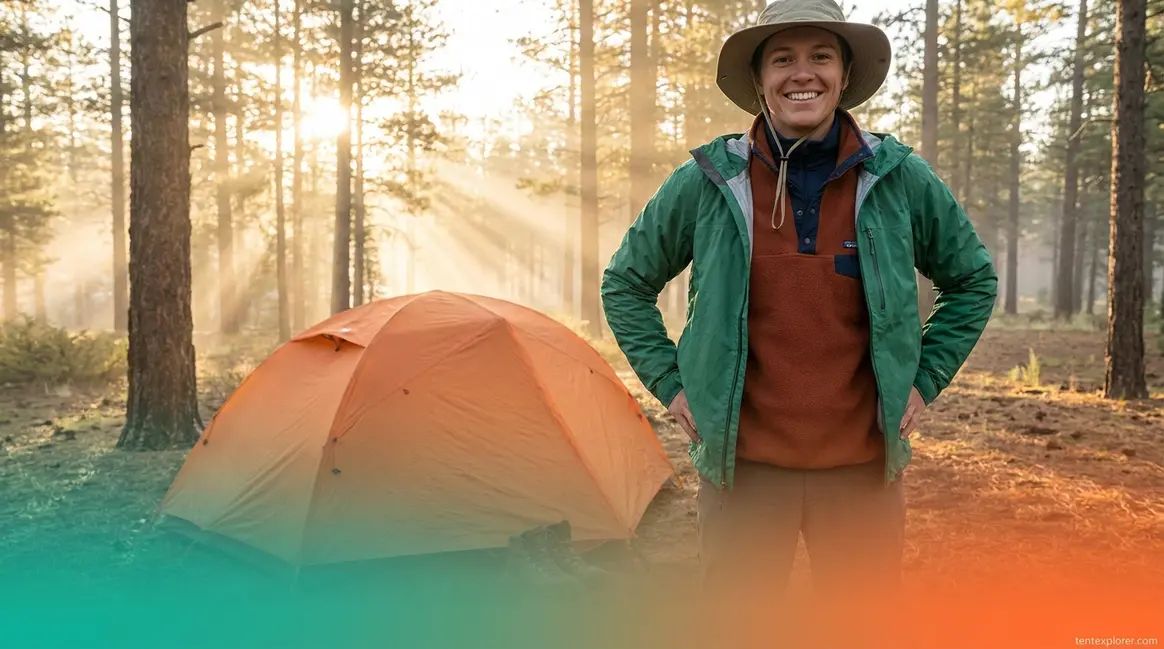 What to wear camping — camper in full 3-layer system at forest campsite