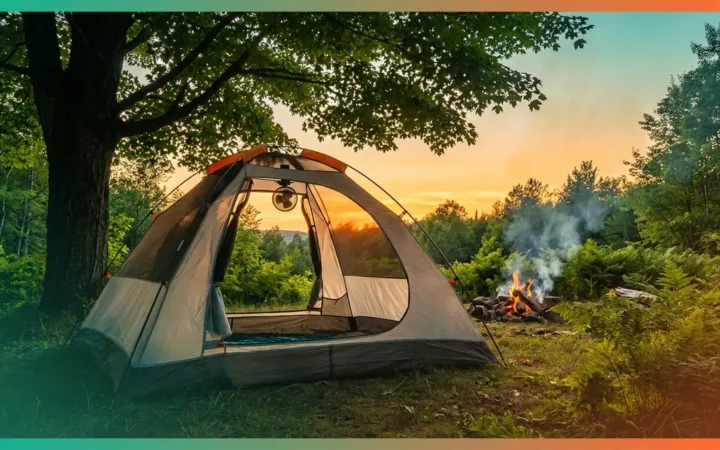 Camper tent with open mesh panels and fan using airflow to beat heat and bugs at camp