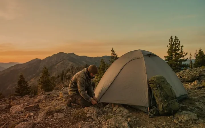 Solo backpacker pitching the best 1 man backpacking tent at an alpine campsite