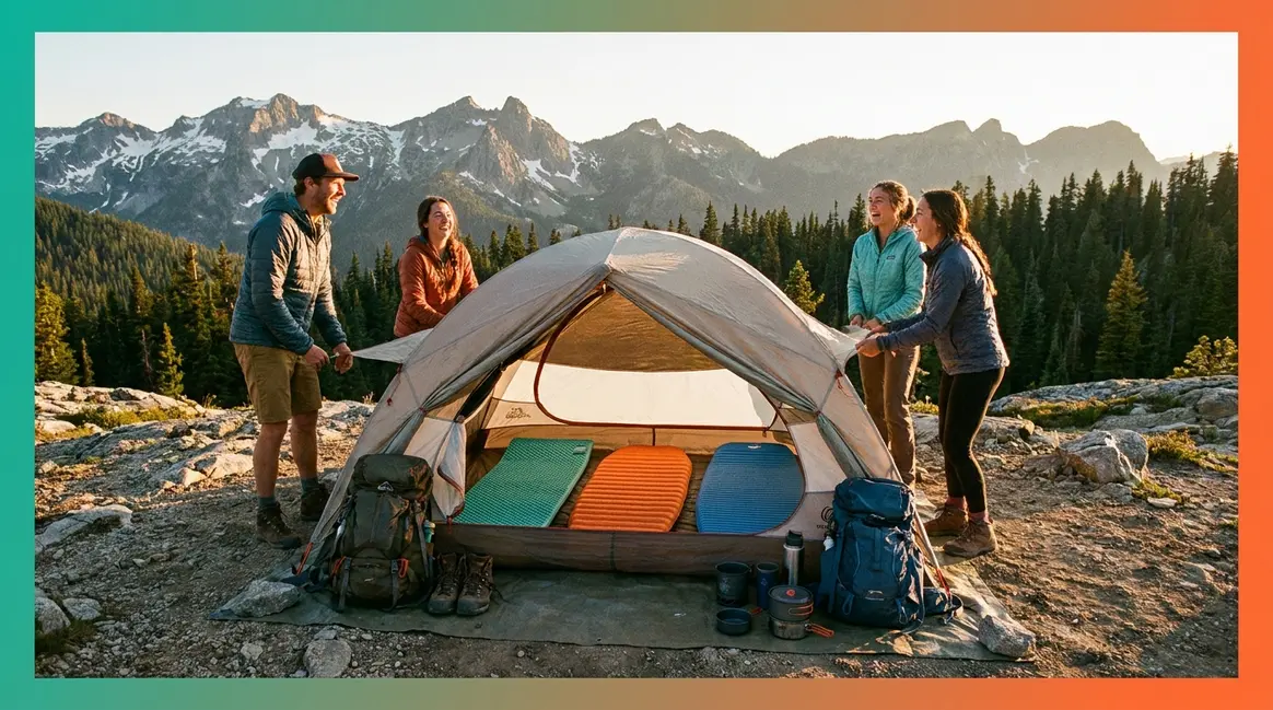 Three backpackers setting up the best 3 person backpacking tent at an alpine campsite