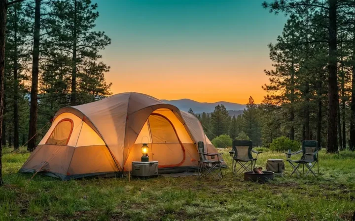 Best 8 person tent pitched at a family campsite surrounded by pine trees at golden hour