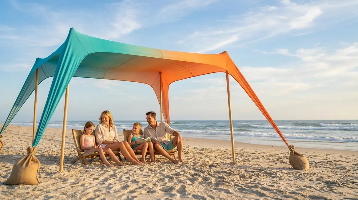 Family relaxing under the best canopy tent for the beach with sandbag anchors on sunny shore
