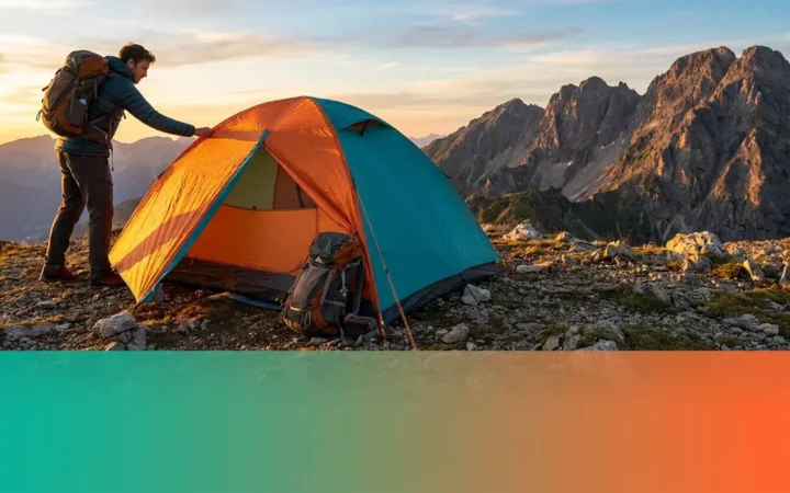 Best budget backpacking tent pitched at alpine campsite during golden hour with mountains