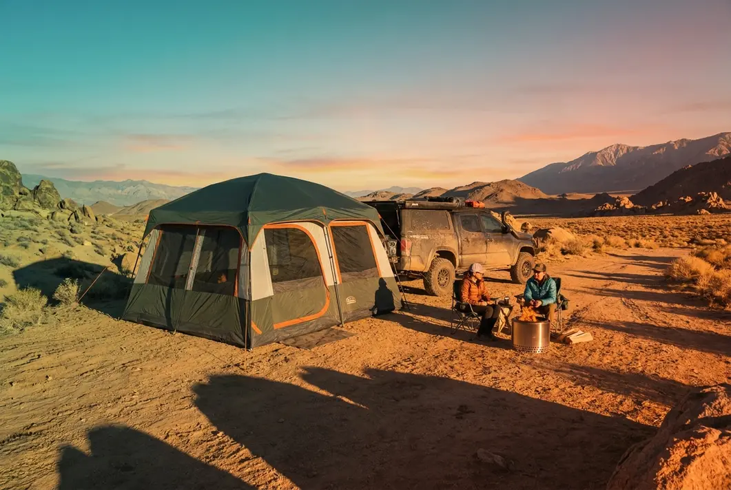 Best ground tent for overlanding deployed beside a 4x4 truck at a rugged trail campsite