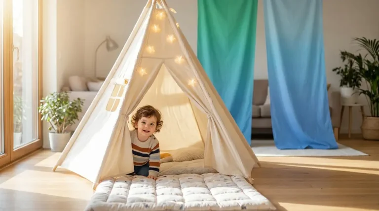 Toddler peeking out of a cozy indoor play tent with star lights in a living room