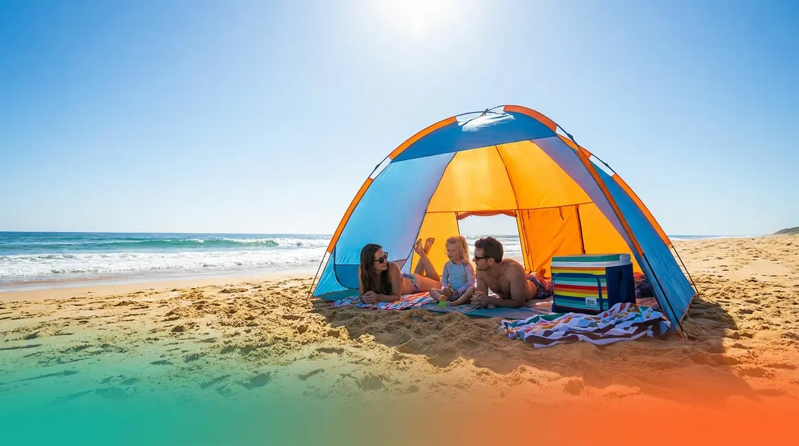 Best pop-up beach tent set up on sandy shoreline with family relaxing in shade