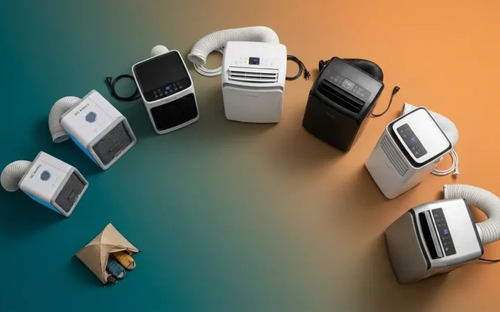 Best air conditioner for tent camping comparison showing top 7 portable AC units arranged by size