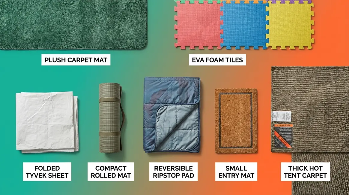 Best tent floor mat comparison showing seven types including foam tiles carpet and Tyvek footprint