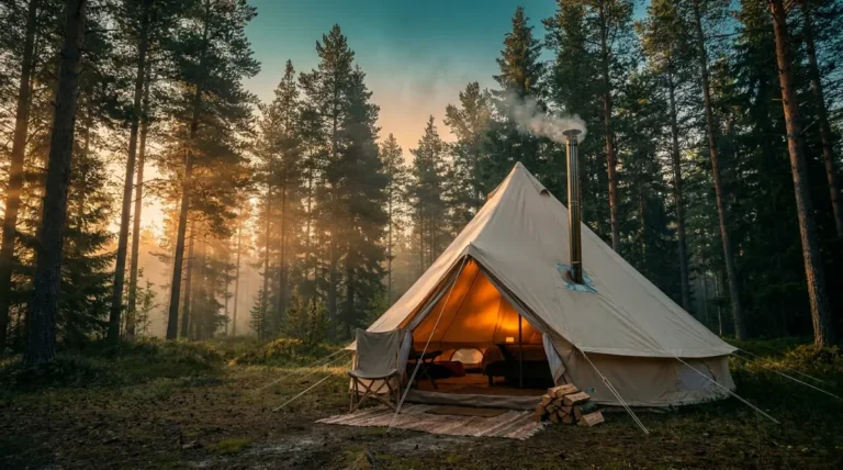 Best tent for full time living — canvas bell tent with stove pipe in forest clearing