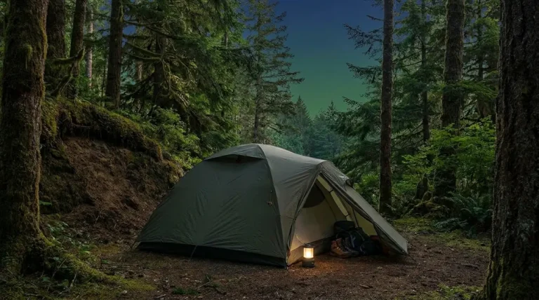 Best tent for homeless people — dark dome tent with vestibule pitched in sheltered forest clearing