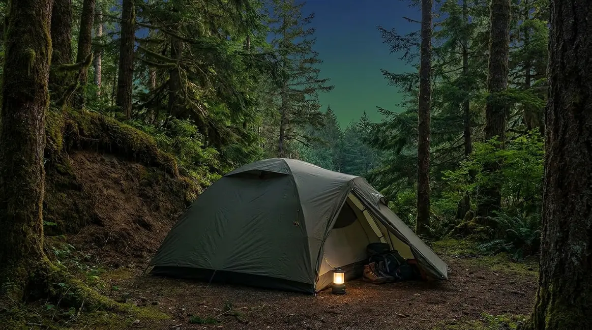 Best tent for homeless people — dark dome tent with vestibule pitched in sheltered forest clearing