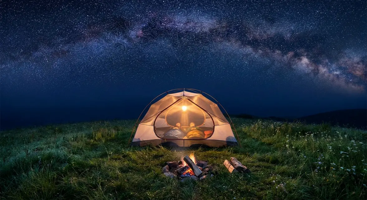 Best tent for stargazing with transparent mesh roof under Milky Way night sky
