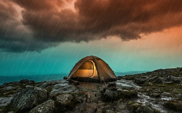 Best tent for wind and rain pitched on rocky hillside during heavy storm with guylines taut