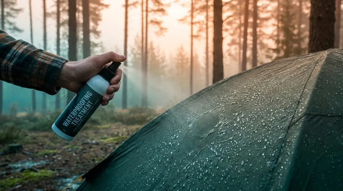 Best waterproofing spray for tents applied to a nylon rainfly with water beading off treated fabric