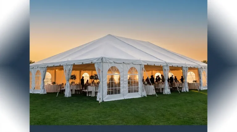 Best wedding tent setup with white canopy and elegant outdoor reception tables at dusk