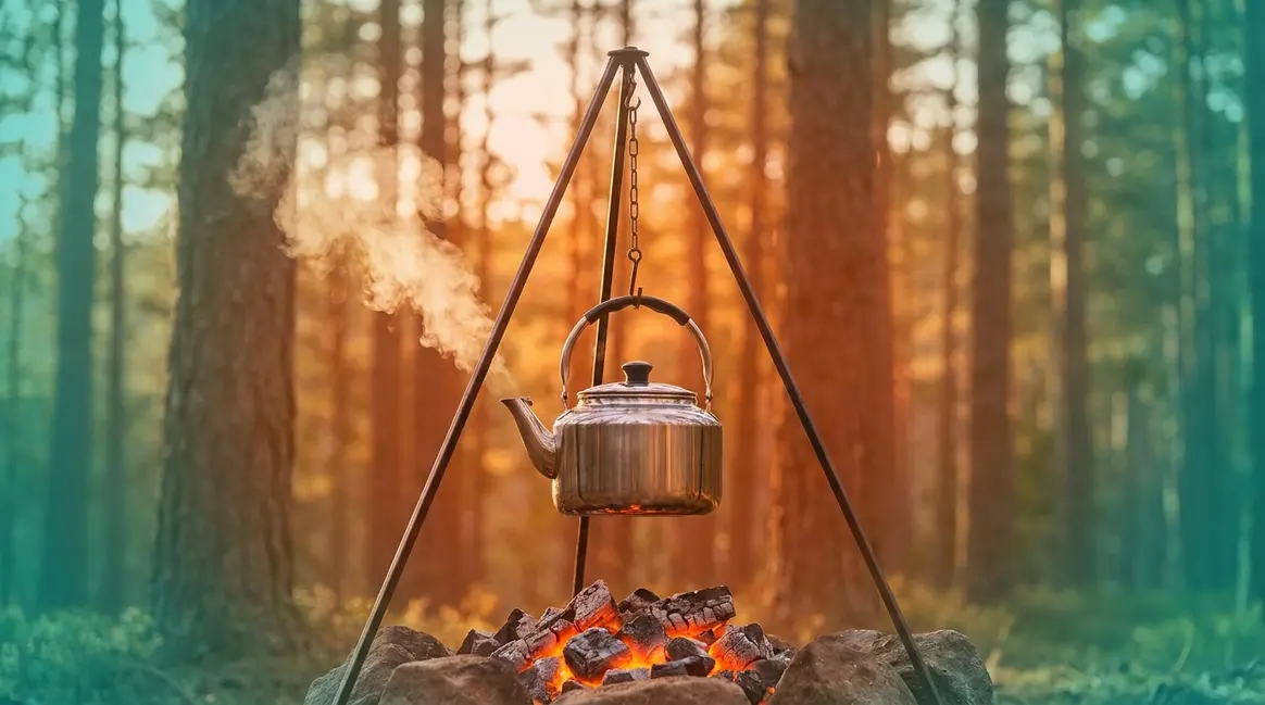 How to boil water when camping using a metal kettle over glowing campfire coals